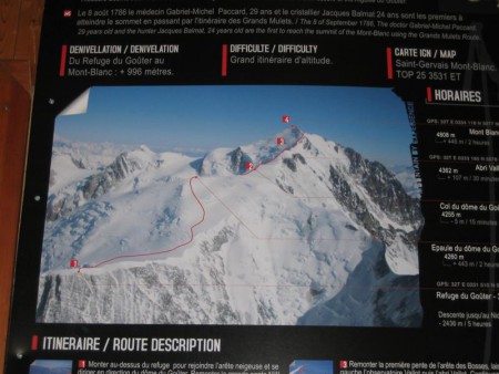 Mapka cesty na Mont Blanc visící v chatě Gouter.